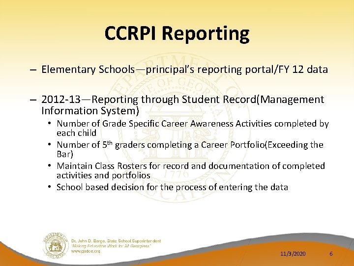 CCRPI Reporting – Elementary Schools—principal’s reporting portal/FY 12 data – 2012 -13—Reporting through Student