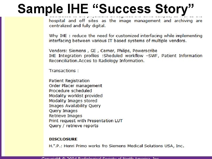 Sample IHE “Success Story” 