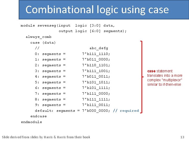 Combinational logic using case module sevenseg(input logic [3: 0] data, output logic [6: 0]