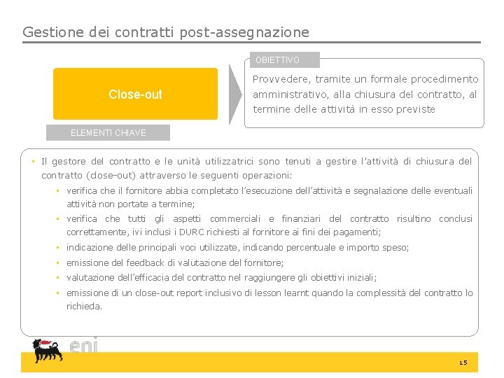 Gestione dei contratti post-assegnazione OBIETTIVO Provvedere, tramite un formale procedimento Close-out amministrativo, alla chiusura