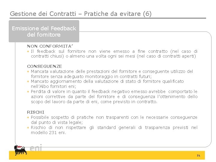 Gestione dei Contratti – Pratiche da evitare (6) Emissione del Feedback del fornitore NON