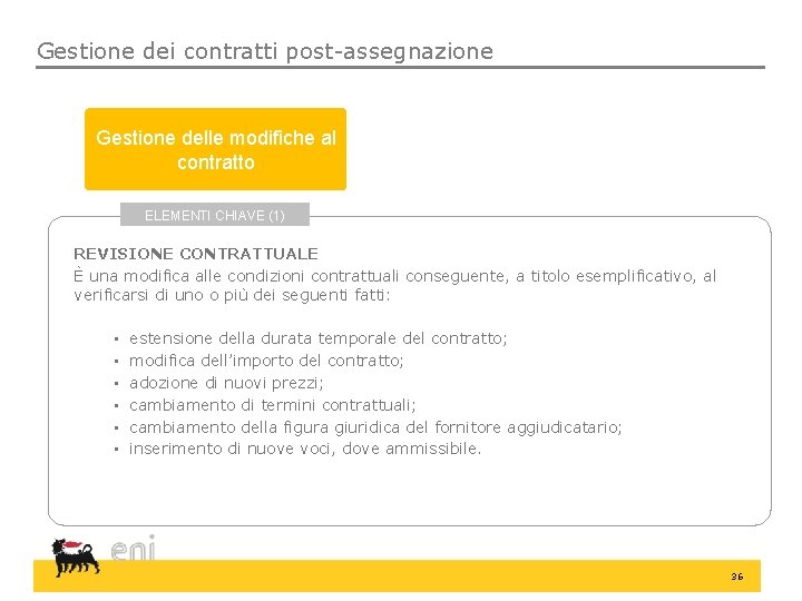 Gestione dei contratti post-assegnazione Gestione delle modifiche al contratto ELEMENTI CHIAVE (1) REVISIONE CONTRATTUALE