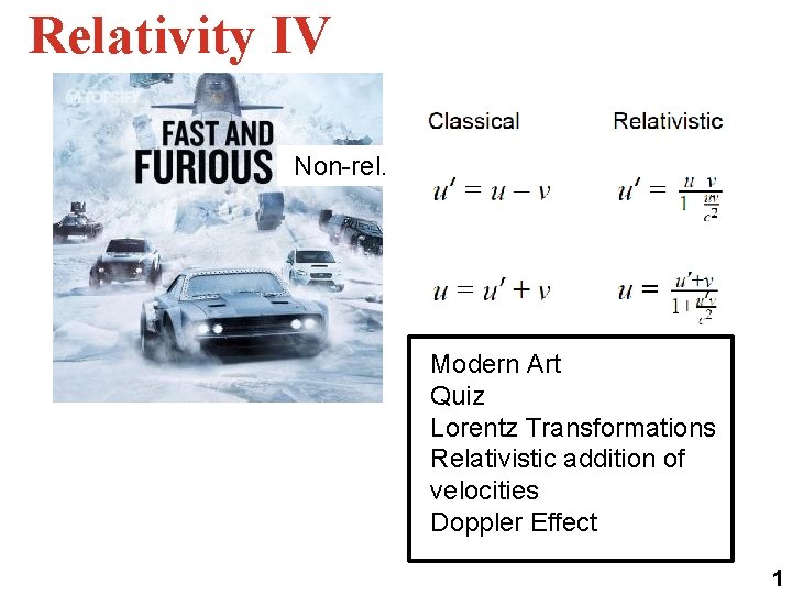 Relativity IV Non-rel. Modern Art Quiz Lorentz Transformations Relativistic addition of velocities Doppler Effect