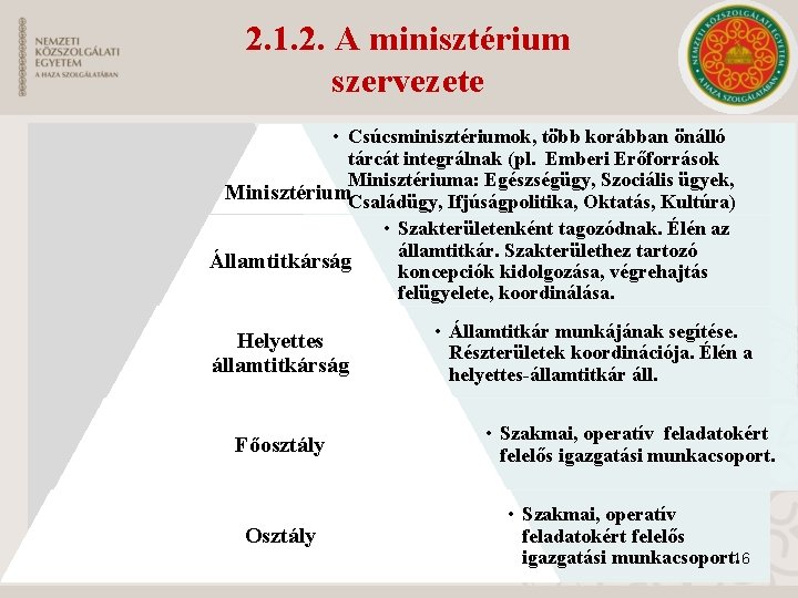 2. 1. 2. A minisztérium szervezete • Csúcsminisztériumok, több korábban önálló tárcát integrálnak (pl.