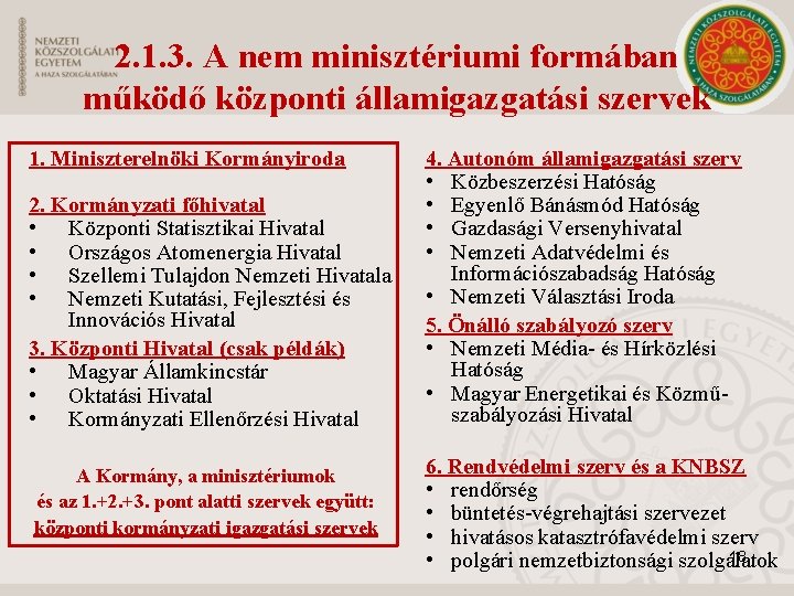 2. 1. 3. A nem minisztériumi formában működő központi államigazgatási szervek 1. Miniszterelnöki Kormányiroda