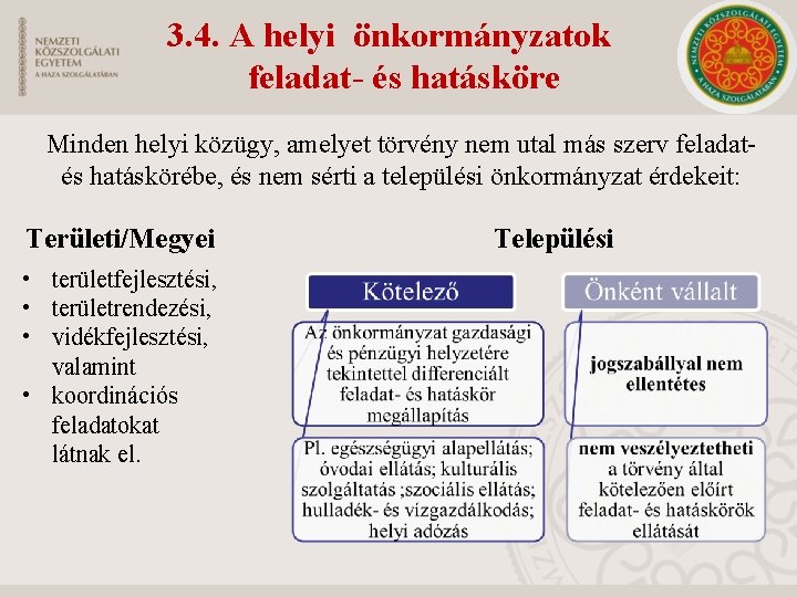 3. 4. A helyi önkormányzatok feladat- és hatásköre Minden helyi közügy, amelyet törvény nem