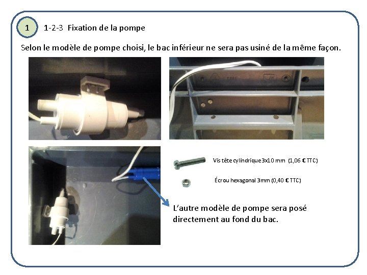 1 1 -2 -3 Fixation de la pompe Selon le modèle de pompe choisi,