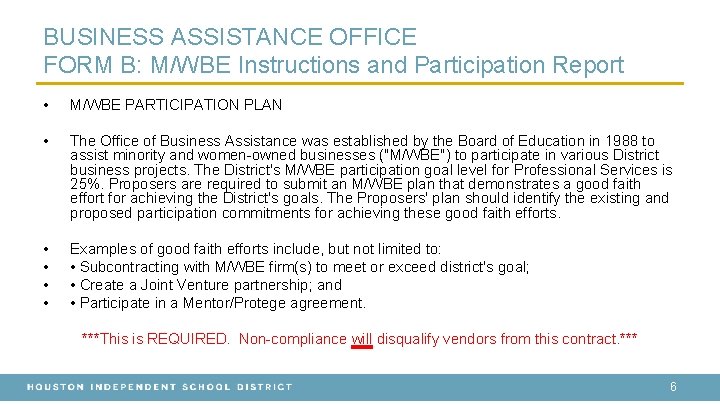 BUSINESS ASSISTANCE OFFICE FORM B: M/WBE Instructions and Participation Report • M/WBE PARTICIPATION PLAN