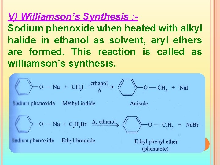 V) Williamson’s Synthesis : Sodium phenoxide when heated with alkyl halide in ethanol as