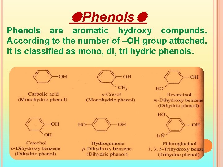  Phenols are aromatic hydroxy compunds. According to the number of –OH group attached,