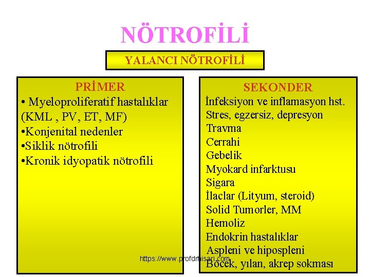 NÖTROFİLİ YALANCI NÖTROFİLİ PRİMER • Myeloproliferatif hastalıklar (KML , PV, ET, MF) • Konjenital