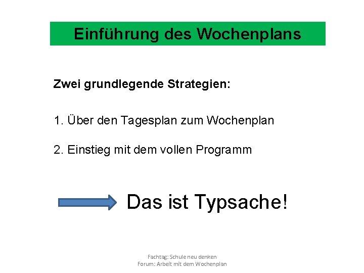 Einführung des Wochenplans Zwei grundlegende Strategien: 1. Über den Tagesplan zum Wochenplan 2. Einstieg