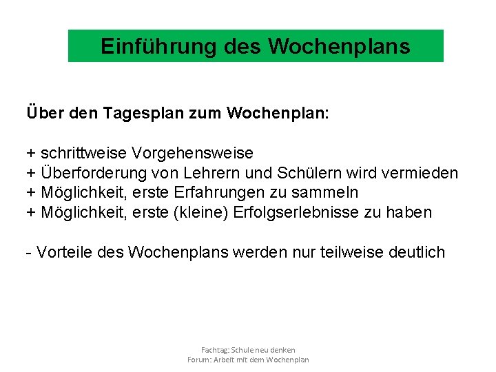 Einführung des Wochenplans Über den Tagesplan zum Wochenplan: + schrittweise Vorgehensweise + Überforderung von