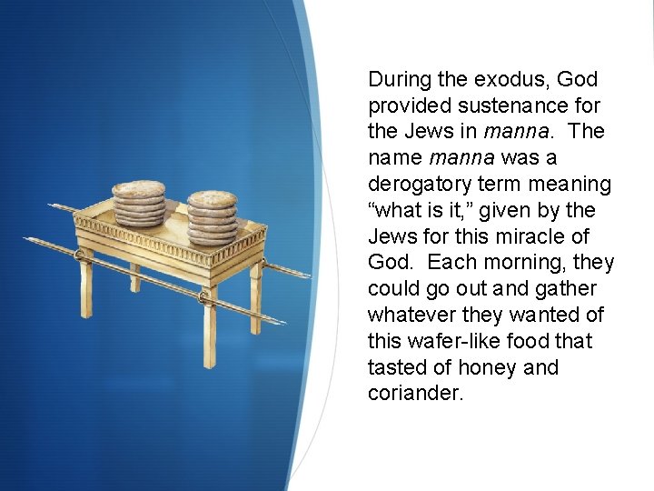 During the exodus, God provided sustenance for the Jews in manna. The name manna During the exodus, God provided sustenance for the Jews in manna. The name manna