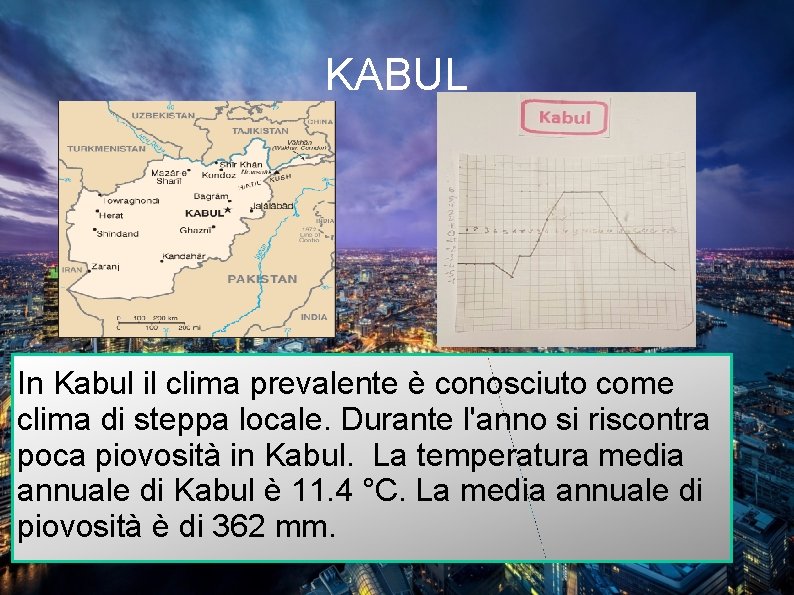 KABUL In Kabul il clima prevalente è conosciuto come clima di steppa locale. Durante