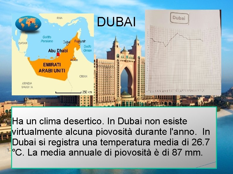 DUBAI Ha un clima desertico. In Dubai non esiste virtualmente alcuna piovosità durante l'anno.