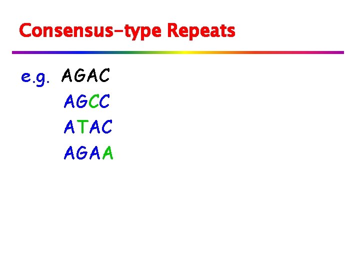 Consensus-type Repeats e. g. AGAC AGCC ATAC AGAA 