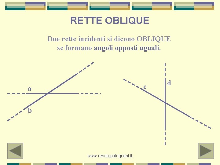 RETTE OBLIQUE Due rette incidenti si dicono OBLIQUE se formano angoli opposti uguali. c