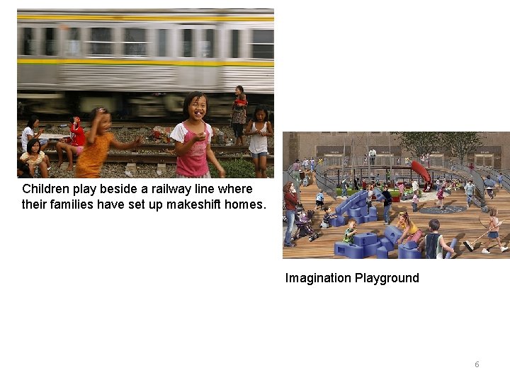 Children play beside a railway line where their families have set up makeshift homes.