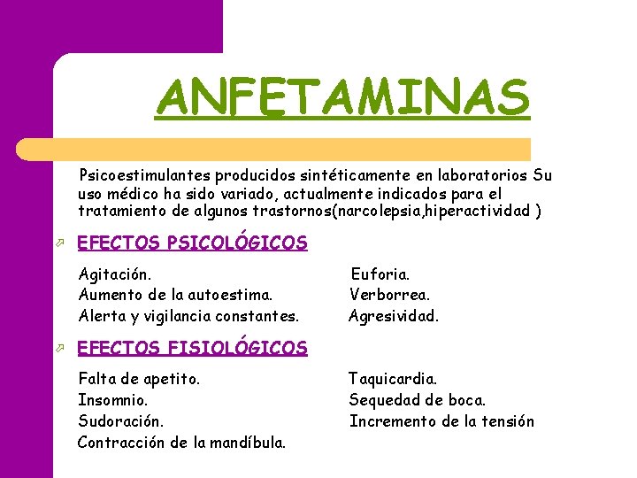 ANFETAMINAS Psicoestimulantes producidos sintéticamente en laboratorios Su uso médico ha sido variado, actualmente indicados ANFETAMINAS Psicoestimulantes producidos sintéticamente en laboratorios Su uso médico ha sido variado, actualmente indicados