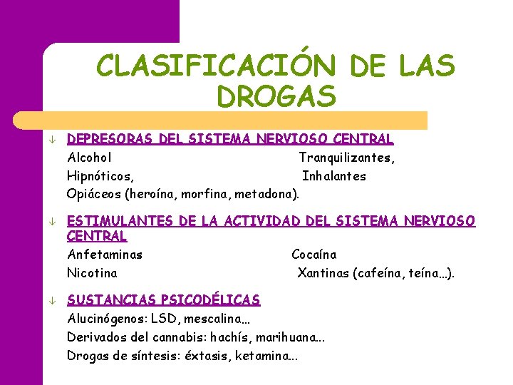 CLASIFICACIÓN DE LAS DROGAS â â â DEPRESORAS DEL SISTEMA NERVIOSO CENTRAL Alcohol Tranquilizantes, CLASIFICACIÓN DE LAS DROGAS â â â DEPRESORAS DEL SISTEMA NERVIOSO CENTRAL Alcohol Tranquilizantes,