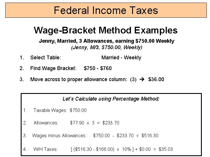 Federal Income Taxes Wage-Bracket Method Examples Jenny, Married, 3 Allowances, earning $750. 00 Weekly
