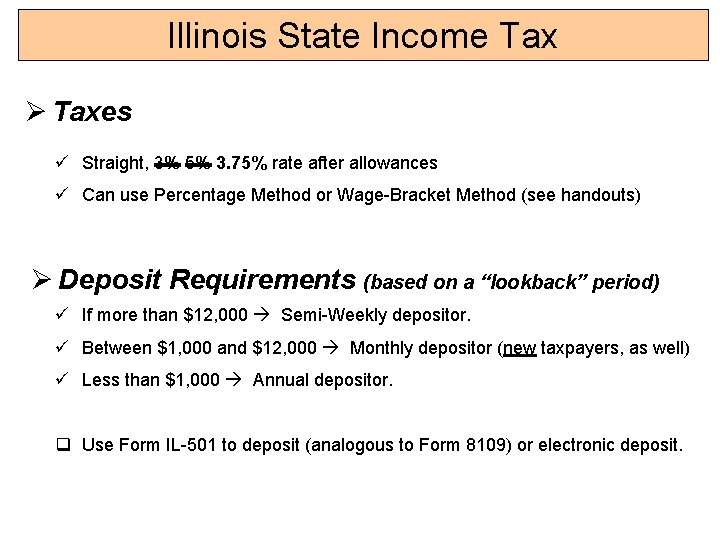 Illinois State Income Tax Ø Taxes ü Straight, 3% 5% 3. 75% rate after