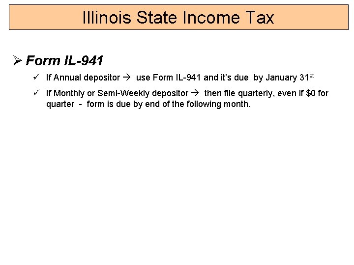 Illinois State Income Tax Ø Form IL-941 ü If Annual depositor use Form IL-941