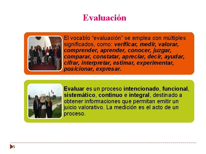 Evaluación El vocablo “evaluación” se emplea con múltiples significados, como: verificar, medir, valorar, comprender,