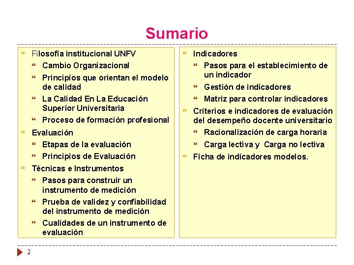 Sumario Filosofía institucional UNFV Cambio Organizacional Principios que orientan el modelo de calidad Pasos