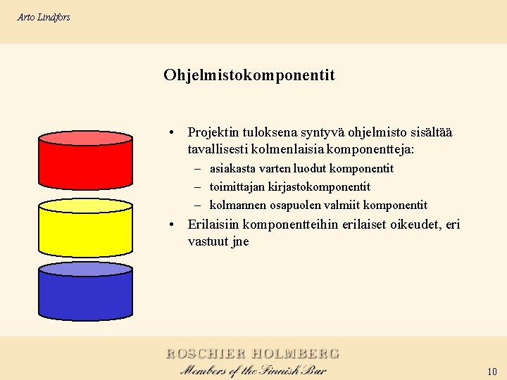 Arto Lindfors Ohjelmistokomponentit • Projektin tuloksena syntyvä ohjelmisto sisältää tavallisesti kolmenlaisia komponentteja: – asiakasta