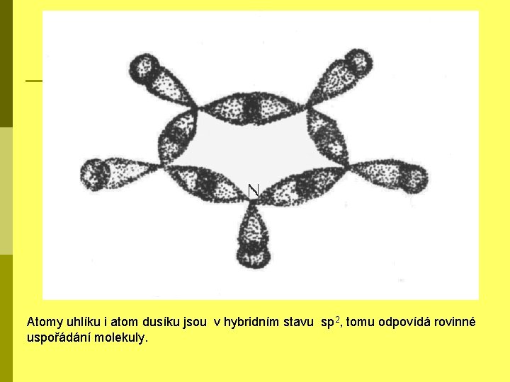 Atomy uhlíku i atom dusíku jsou v hybridním stavu sp 2, tomu odpovídá rovinné