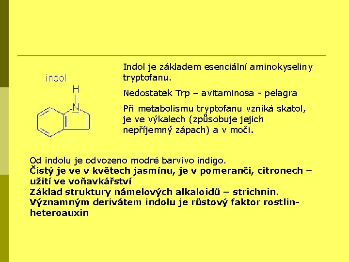 Indol je základem esenciální aminokyseliny tryptofanu. Nedostatek Trp – avitaminosa - pelagra Při metabolismu