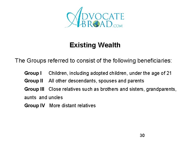 Existing Wealth The Groups referred to consist of the following beneficiaries: Group I Children,