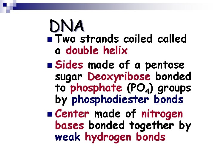 DNA n Two strands coiled called a double helix n Sides made of a