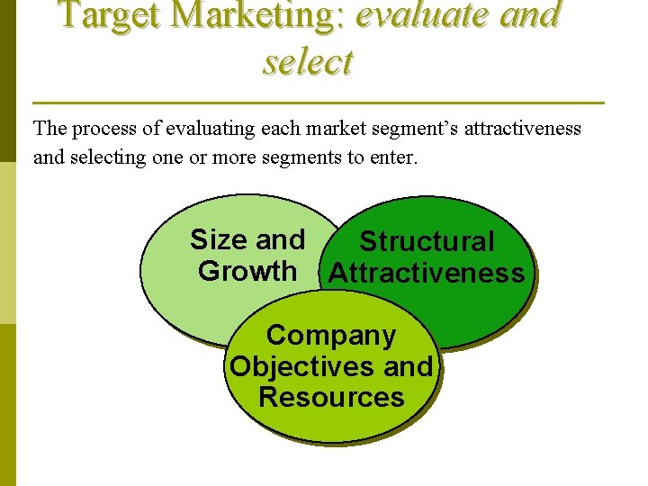 Target Marketing: evaluate and select The process of evaluating each market segment’s attractiveness and