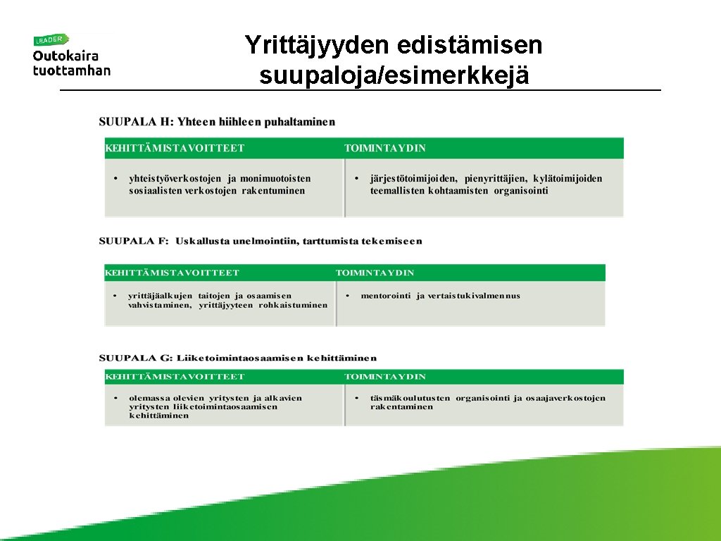 Yrittäjyyden edistämisen suupaloja/esimerkkejä 