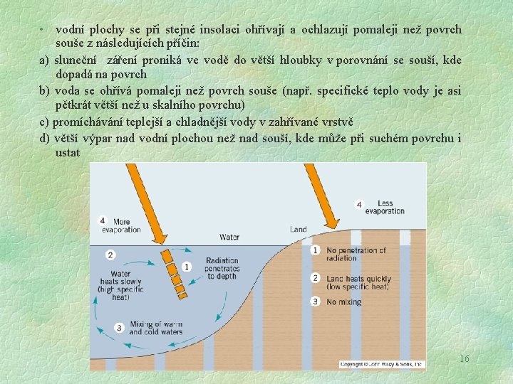  • vodní plochy se při stejné insolaci ohřívají a ochlazují pomaleji než povrch