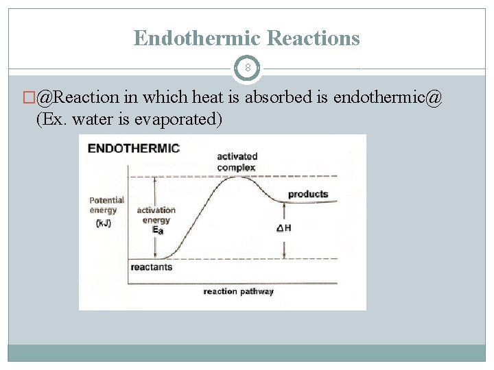 Endothermic Reactions 8 �@Reaction in which heat is absorbed is endothermic@ (Ex. water is