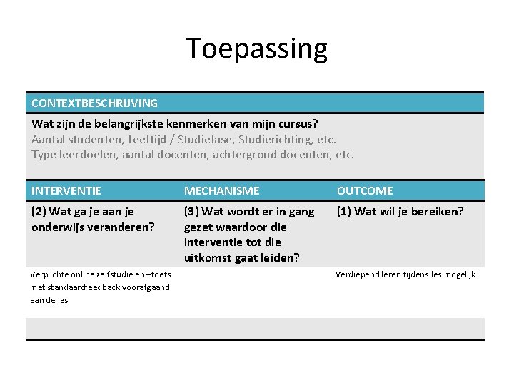 Toepassing CONTEXTBESCHRIJVING Wat zijn de belangrijkste kenmerken van mijn cursus? Aantal studenten, Leeftijd /