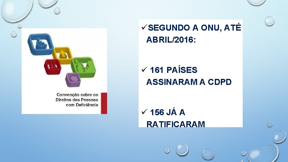 üSEGUNDO A ONU, ATÉ ABRIL/2016: ü 161 PAÍSES ASSINARAM A CDPD ü 156 JÁ