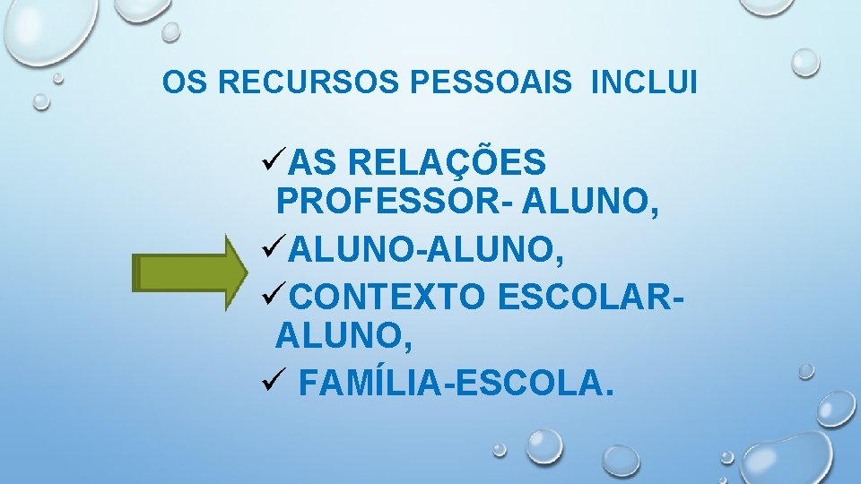 OS RECURSOS PESSOAIS INCLUI üAS RELAÇÕES PROFESSOR- ALUNO, üALUNO-ALUNO, üCONTEXTO ESCOLARALUNO, ü FAMÍLIA-ESCOLA. 