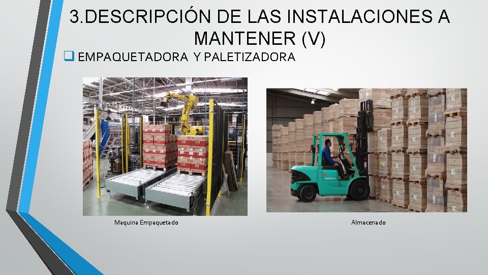3. DESCRIPCIÓN DE LAS INSTALACIONES A MANTENER (V) q EMPAQUETADORA Y PALETIZADORA Maquina Empaquetado