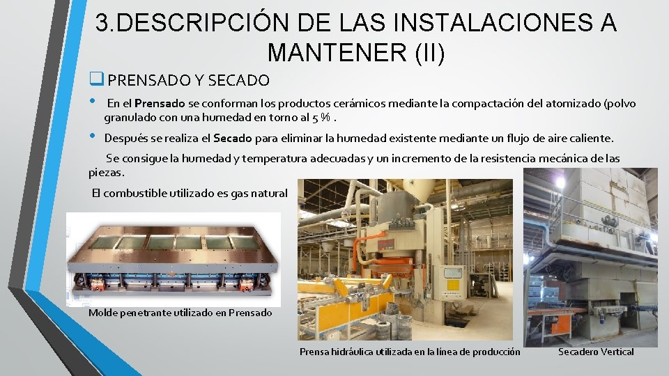 3. DESCRIPCIÓN DE LAS INSTALACIONES A MANTENER (II) q PRENSADO Y SECADO • En