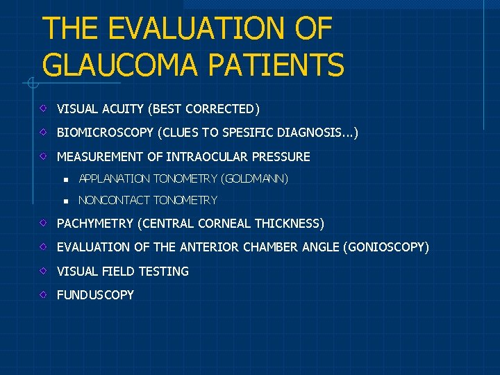 THE EVALUATION OF GLAUCOMA PATIENTS VISUAL ACUITY (BEST CORRECTED) BIOMICROSCOPY (CLUES TO SPESIFIC DIAGNOSIS.