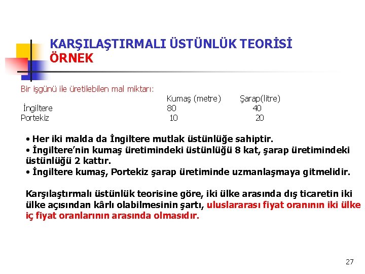 KARŞILAŞTIRMALI ÜSTÜNLÜK TEORİSİ ÖRNEK Bir işgünü ile üretilebilen mal miktarı: İngiltere Portekiz Kumaş (metre)