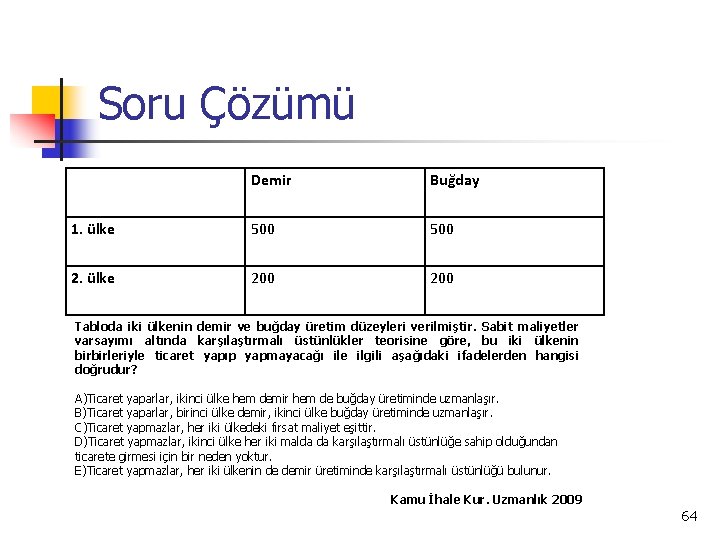 Soru Çözümü Demir Buğday 1. ülke 500 2. ülke 200 Tabloda iki ülkenin demir