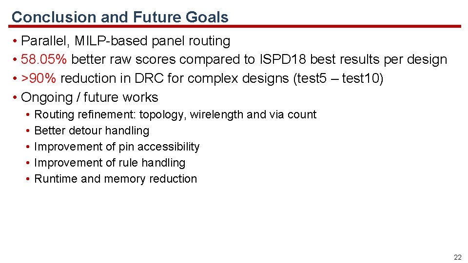 Conclusion and Future Goals • Parallel, MILP-based panel routing • 58. 05% better raw