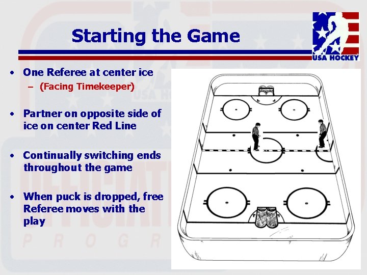 Starting the Game • One Referee at center ice – (Facing Timekeeper) • Partner