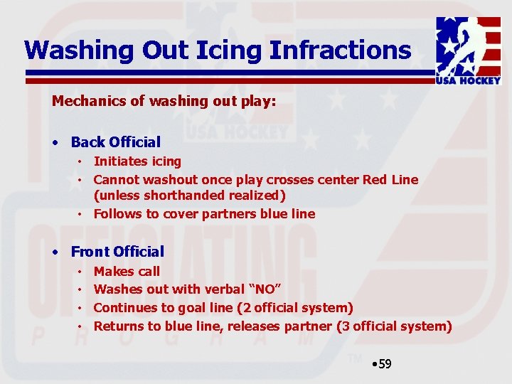 Washing Out Icing Infractions Mechanics of washing out play: • Back Official • Initiates